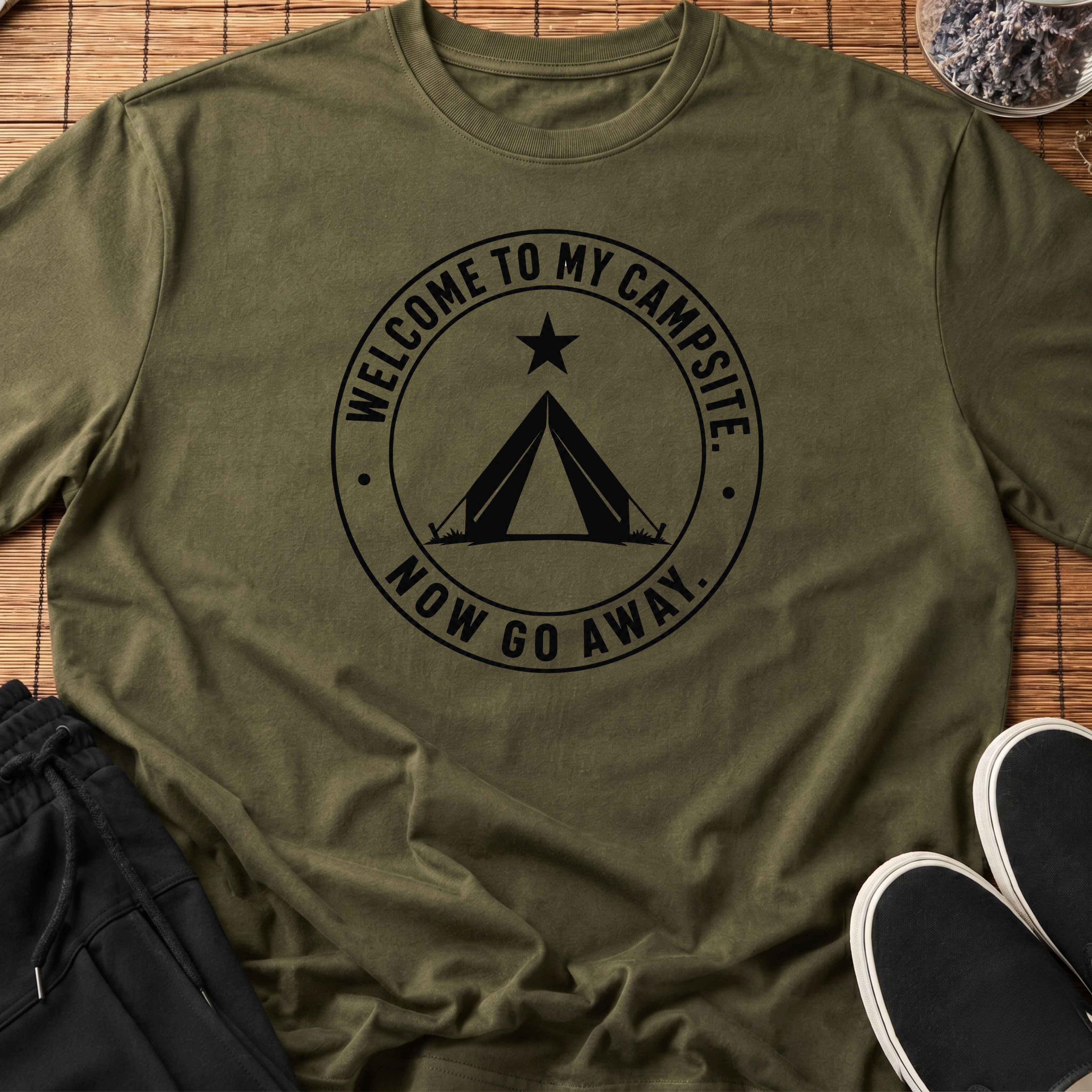 Welcome To My Campsite. Now Go Away.™ Minimalist Camping T-Shirt