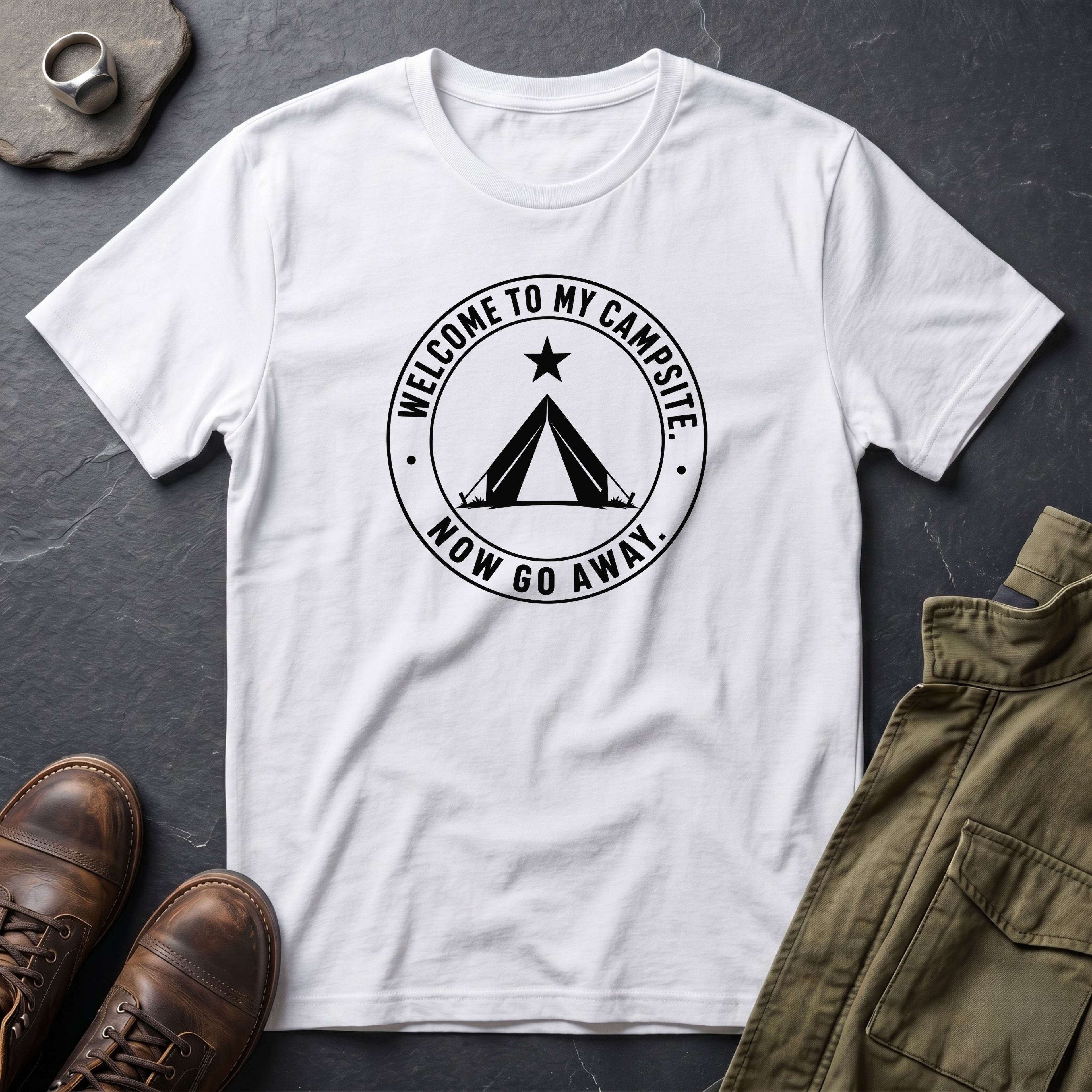 Welcome To My Campsite. Now Go Away.™ Minimalist Camping T-Shirt